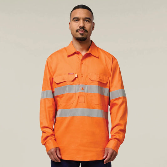 Hard Yakka Hi-Vis Closed Front Taped Long Sleeve Cotton Drill Shirt - Y07899